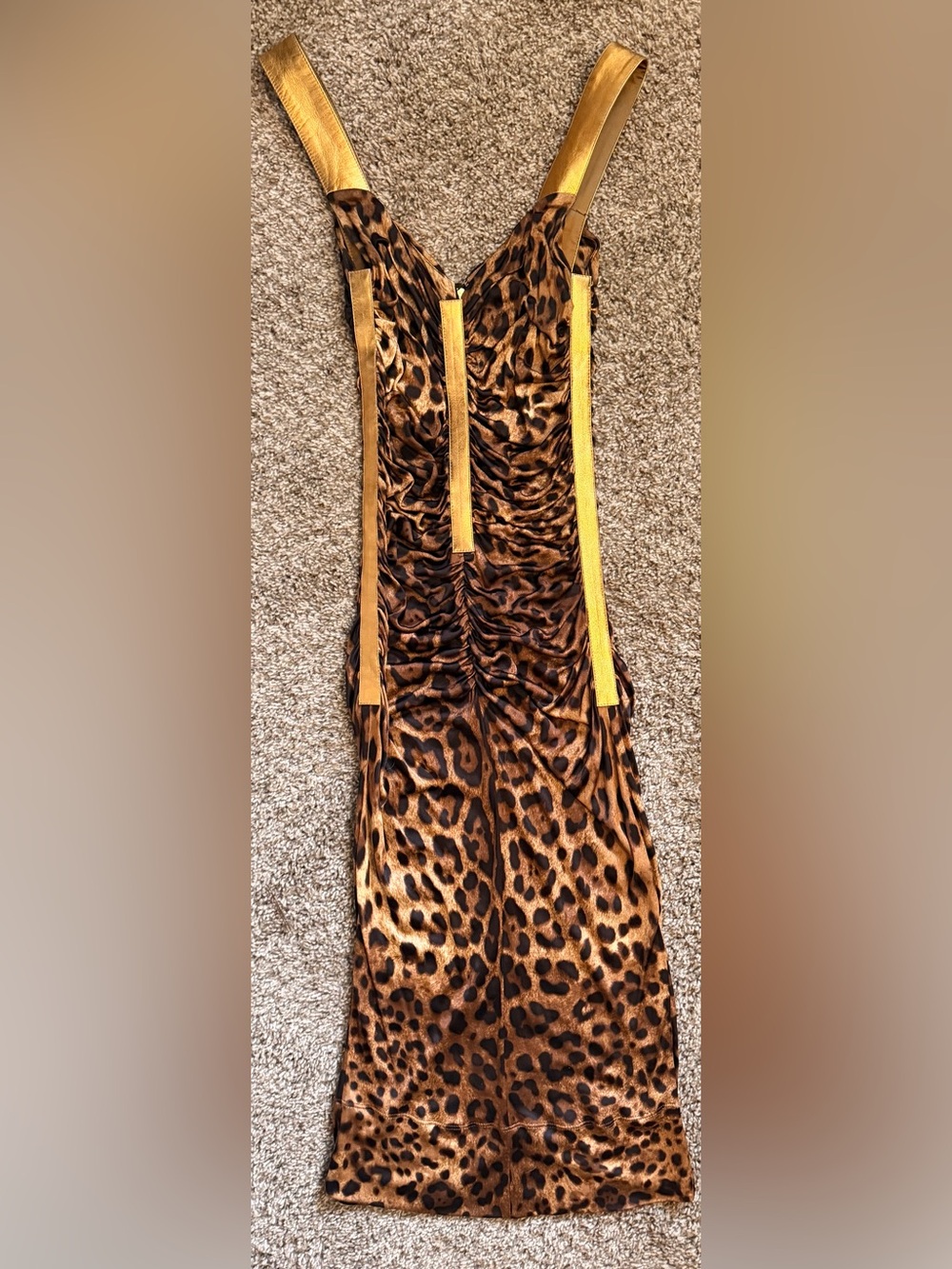 Vintage 2007 Dolce & Gabbana Gold Leather, Leopard-Print Midi Dress